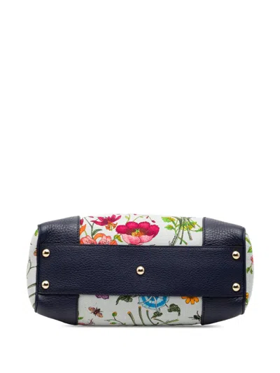 Pre-owned Gucci 2000-2015 Small Canvas Flora Bamboo Shopper Satchel In Blue