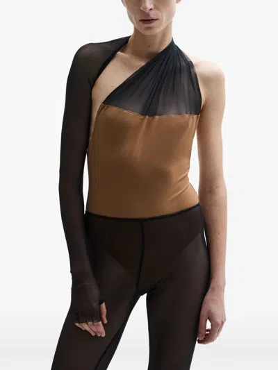 Atu Body Couture One-shoulder Draped Bodysuit In Brown
