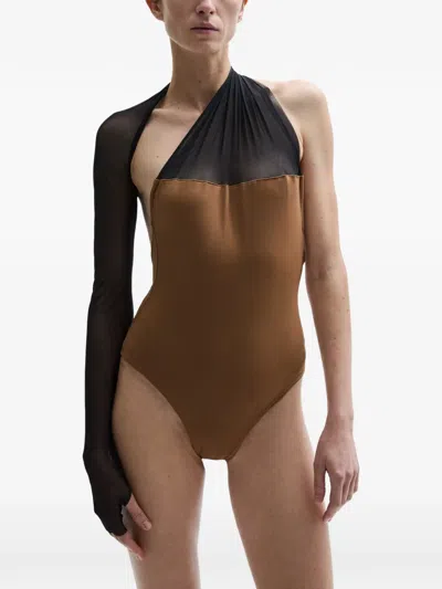 Atu Body Couture One-shoulder Draped Bodysuit In Brown