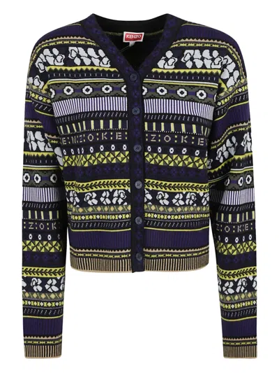 Kenzo Patterned Button Cardigan In Blue