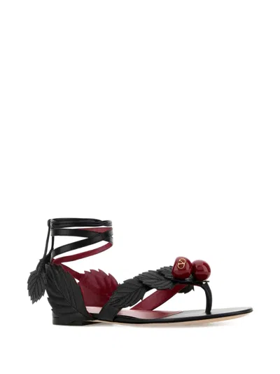 Valentino Leather Cherryfic Thong Sandals Leaf Detail In Black