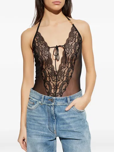 Versace Embroidered Lace-trim Bodysuit In Black