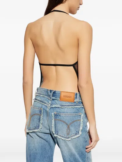 Versace Embroidered Lace-trim Bodysuit In Black