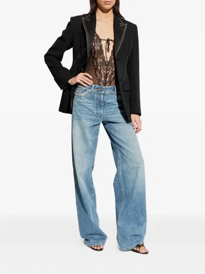 Versace Embroidered Lace-trim Bodysuit In Black