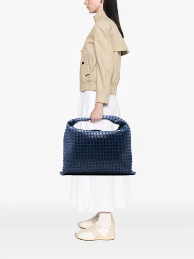 Pre-owned Bottega Veneta 2012-2025 Large Calfskin And Denim Intrecciato Hop Hobo Bag In Blue