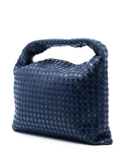 Pre-owned Bottega Veneta 2012-2025 Large Calfskin And Denim Intrecciato Hop Hobo Bag In Blue