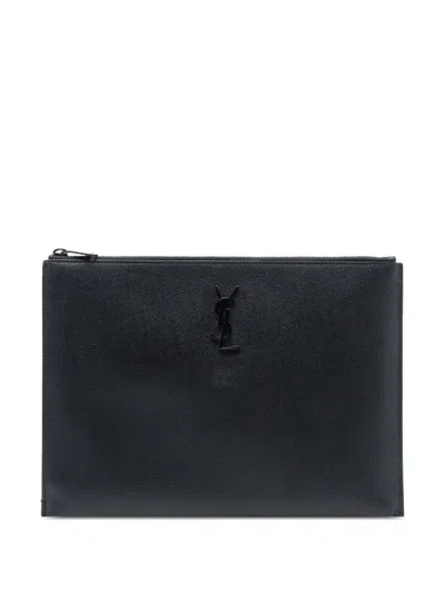 Pre-owned Saint Laurent 2020 Grain De Poudre Monogram Monochrome Ipad Case Clutch Bag In Black
