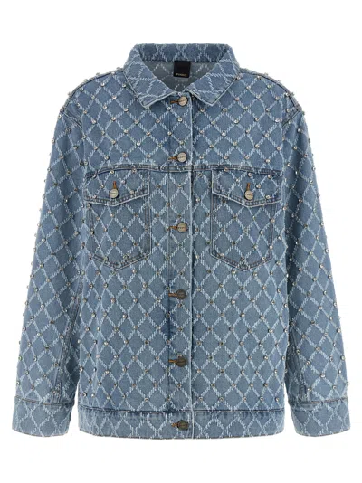 Pinko Pifferaio Jacquard Crystal Denim Overshirt In Blue