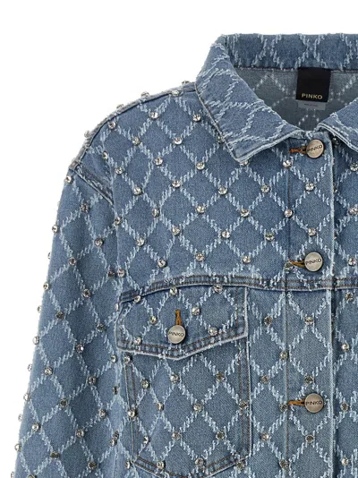 Pinko Pifferaio Jacquard Crystal Denim Overshirt In Blue