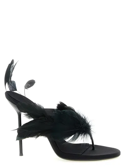 Paris Texas Lidia Feather Thong Silk Mules In Black