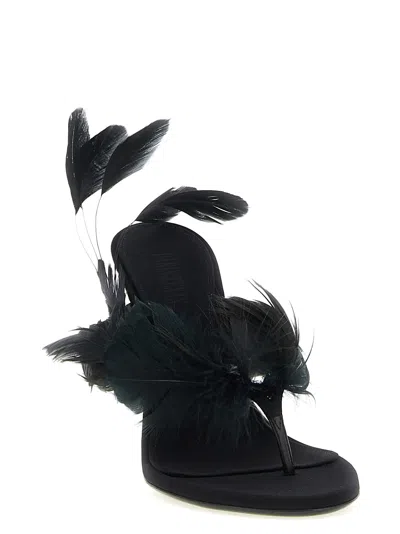 Paris Texas Lidia Feather Thong Silk Mules In Black