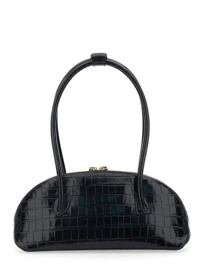 Little Liffner Ew Dome Black Shoulder Bag With Round Top Handles And Crocodile Effect In Leather Wom In Black