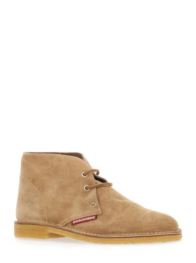 Dsquared2 Men Beige Laced-up Shoes With Logo Patch On The Side In Suede Man In Brown
