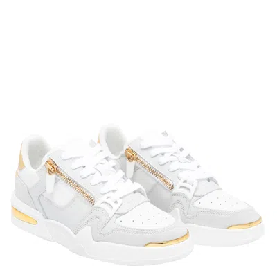 Giuseppe Zanotti Round Toe Leather Sneakers Featuring Gold Accents In White
