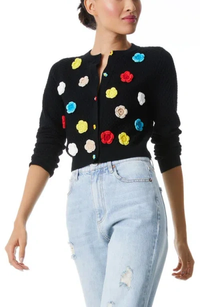 Alice And Olivia Alice + Olivia Selma Floral Appliqué Stretch Wool Crochet Cardigan In Black