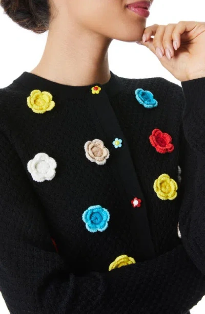 Alice And Olivia Alice + Olivia Selma Floral Appliqué Stretch Wool Crochet Cardigan In Black