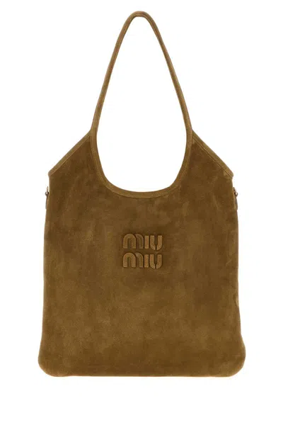 Miu Miu Beige Suede Shopping Bag In Brown