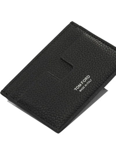 Tom Ford Black Card Holder With Embossed Lgoo Lettering On The Front And Money Clip In Grained Leather Man In Black