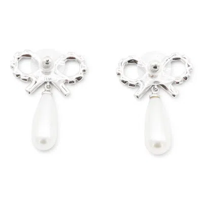 Self-portrait Crystal Bow Pearl Earrings In Metallic