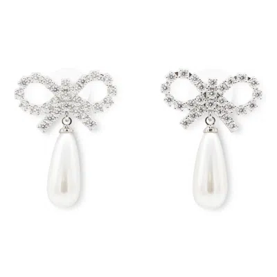 Self-portrait Crystal Bow Pearl Earrings In Metallic