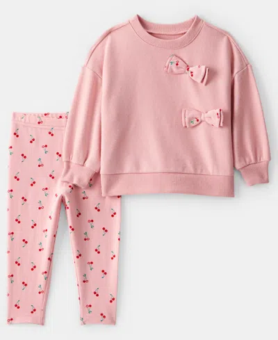 Carter's Baby Girls 2-piece Cherry Bow French Terry Sweatshirt And Pants Set In Pink