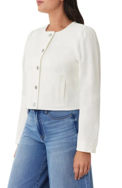 Kensie Collarless Crop Denim Jacket In White