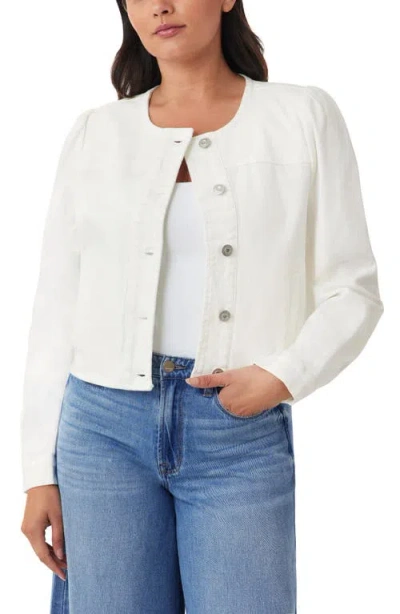 Kensie Collarless Crop Denim Jacket In White