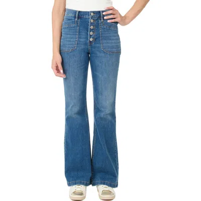 Nicole Miller High Waist Exposed Button Fly Flare Leg Jeans In Blue