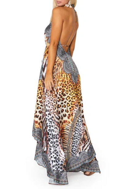 Ranee's Ranees Plunge Neck Halter Maxi Dress In Brown