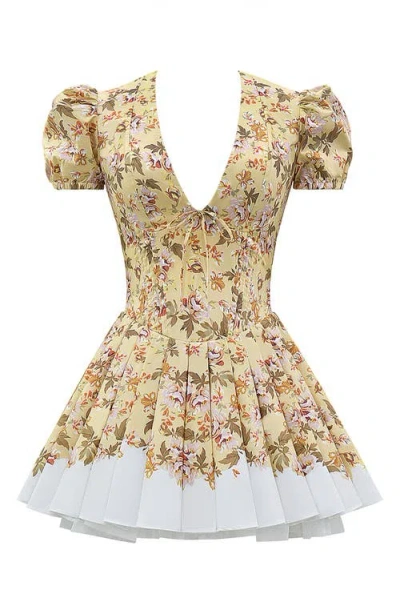 House Of Cb Imani Floral Print Pleated Cotton Minidress In Yellow