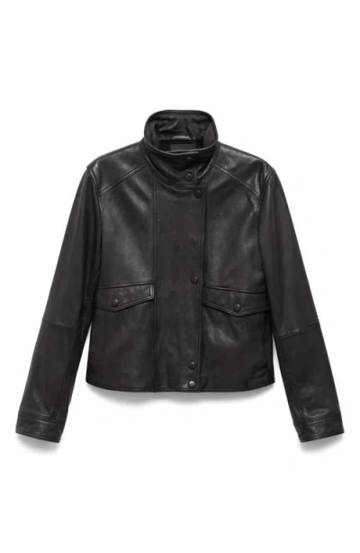 Mango Stand Collar Leather Jacket In Black