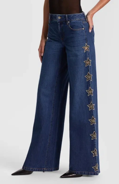 Alice And Olivia Amazing Low Rise Wide Leg Snap Trim Jeans In Cambria Vintage In Blue