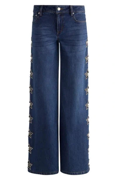 Alice And Olivia Amazing Low Rise Wide Leg Snap Trim Jeans In Cambria Vintage In Blue