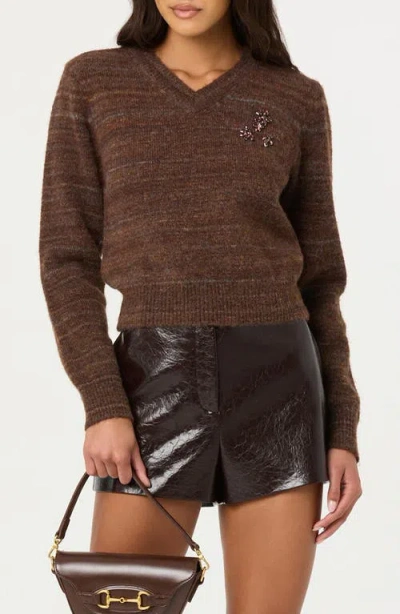 Astr The Label Dasia Embellished V-neck Sweater In Brown
