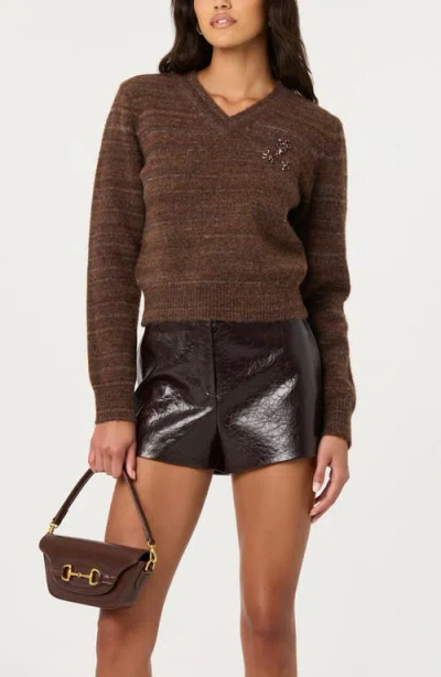 Astr The Label Dasia Embellished V-neck Sweater In Brown