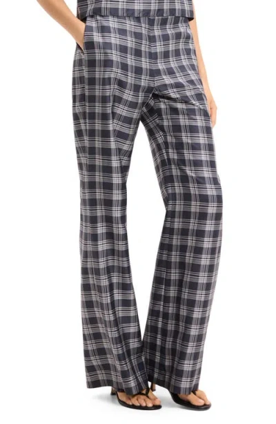 Theory Fluid Plaid High Waist Straight Leg Silk Pants In Multi