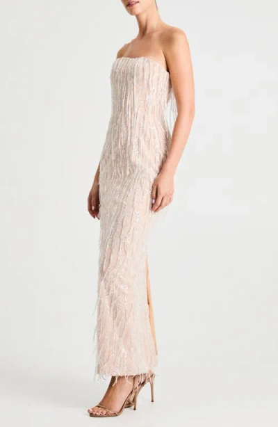 Helsi Ramona Fringe Embellished Strapless Column Gown In Neutral