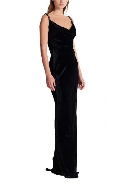 Balmain Long Velvet Dress With Embellished Straps In Black