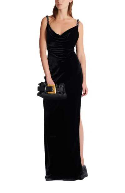 Balmain Long Velvet Dress With Embellished Straps In Black