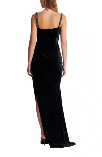 Balmain Long Velvet Dress With Embellished Straps In Black
