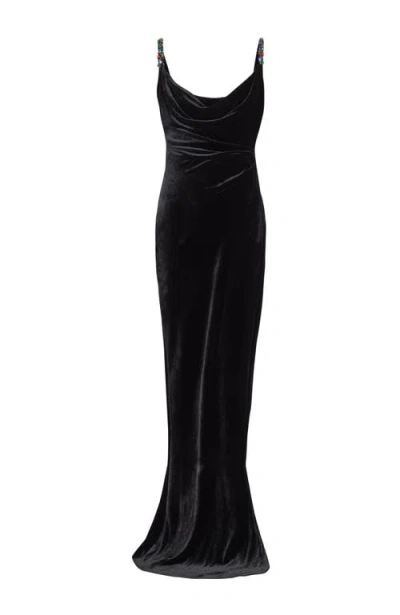 Balmain Long Velvet Dress With Embellished Straps In Black