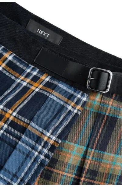 Next Mixed Plaid Pleated Cotton Faux Wrap Miniskirt In Multi