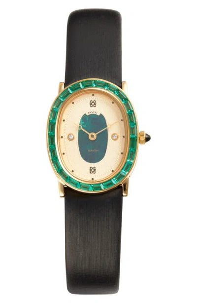 Pascal Oval Halo Lab Grown Diamond & Lab Grown Emerald Leather Strap Watch, 24mm X 30mm In Black