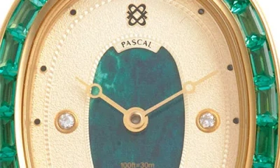Pascal Oval Halo Lab Grown Diamond & Lab Grown Emerald Leather Strap Watch, 24mm X 30mm In Black