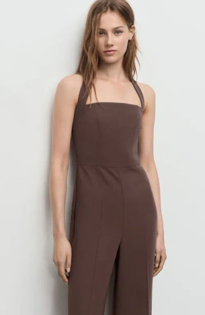Mango Wide Leg Halter Jumpsuit In Brown