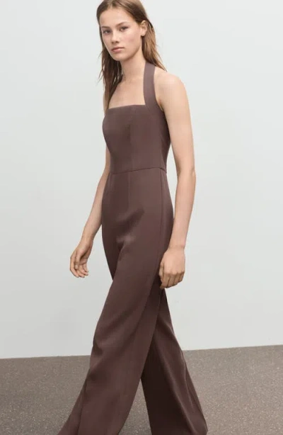 Mango Wide Leg Halter Jumpsuit In Brown