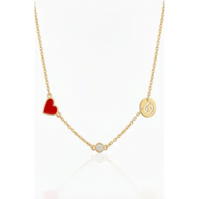Oak & Luna Inez Red Heart Necklace With Diamond & Zodiac Sign In Gray