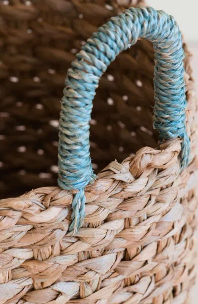 Likha Seagrass Woven Baskets With Sky Blue Handles, Set Of 3 In Brown