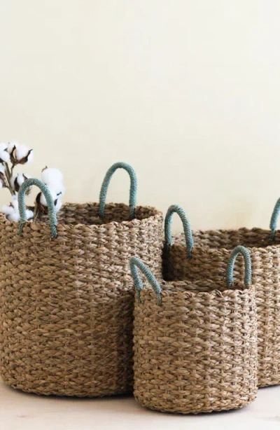 Likha Seagrass Woven Baskets With Sky Blue Handles, Set Of 3 In Brown