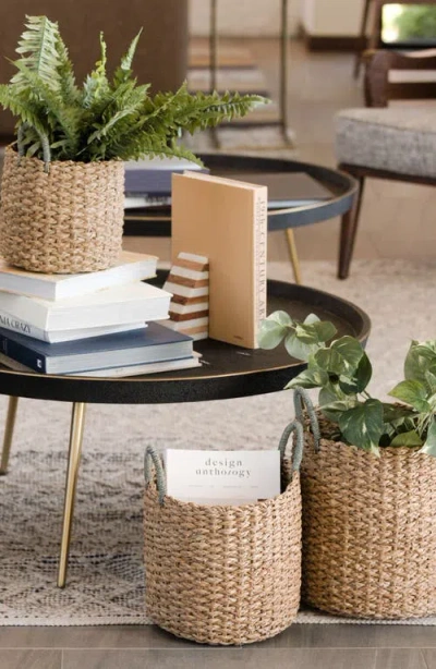 Likha Seagrass Woven Baskets With Sky Blue Handles, Set Of 3 In Brown